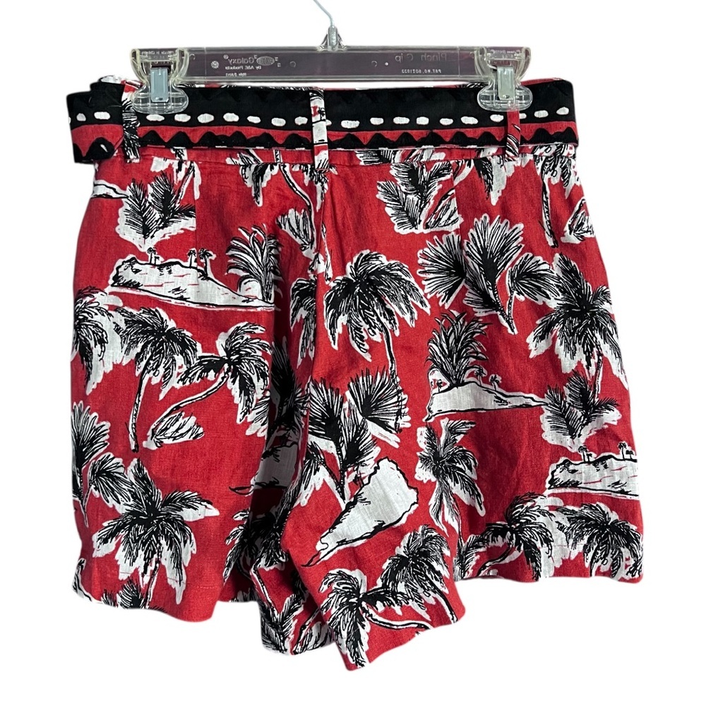 Tahari 100% European Flax Tropical Print Belted Shorts in Orange Black size 8 - Picture 2 of 10